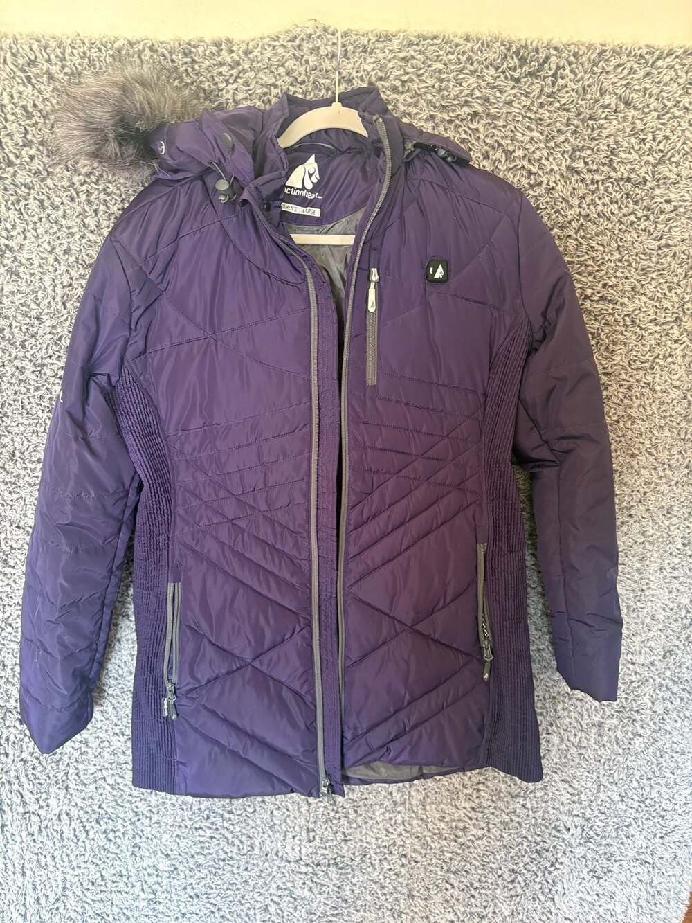ActionHeat 5V Womens Heated Long Puffer Jacket w/Hood Indigo Purple Sz Medium